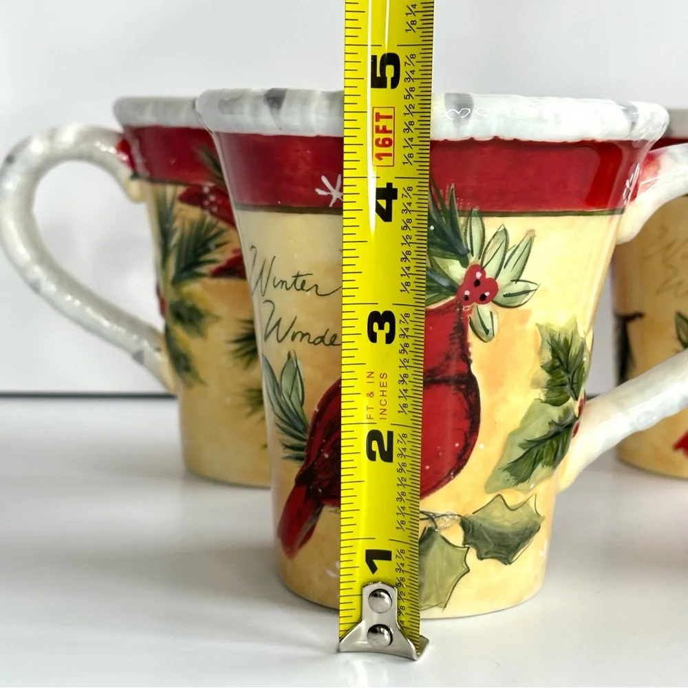 Pier1 Hollybirds Set of Four Winter Holiday Cardinal Birds‎ Coffee Mugs EUC